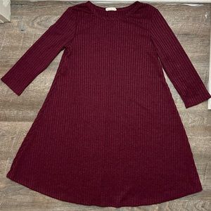 Women’s 3/4 Sleeve Burgundy Ribbed Scoop Neck Mini Sweater Dress - Size Medium